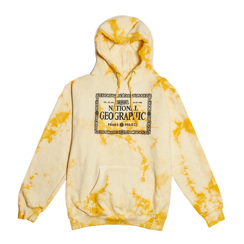 A yellow Parks Project x National Geographic Legacy Tie Dye Hoodie on white background.
