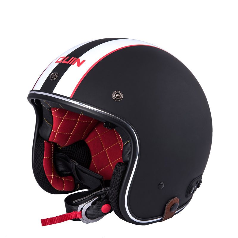 Quin McQ Nero Motorcycle Helmet isolated on a plain white background.