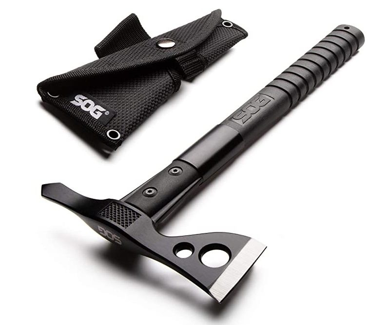 A tactical black SOG Tomahawk throwing axe and case on a white background.