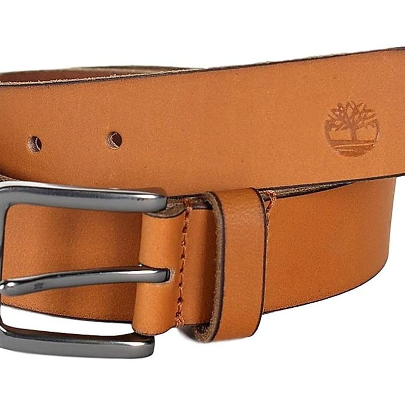 Brown Timberland Classic Leather Jean Belt on a white backdrop.