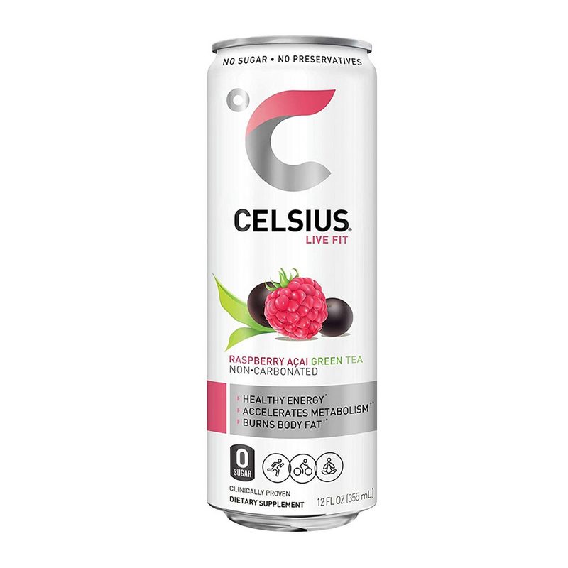 CELSIUS Raspberry Acai Green Tea Fitness Drink.