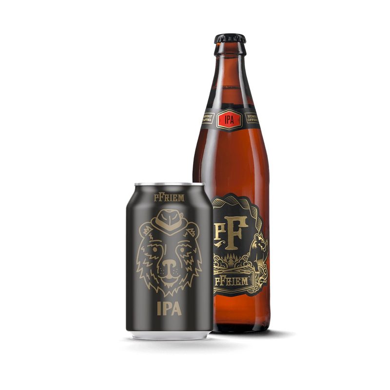 A bottle and a can of pFriem IPA Bottle on white background.