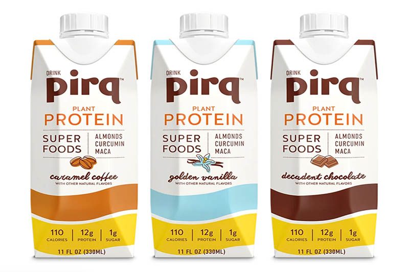 Three different flavors of Pirq vegan Protein shakes to choose from: Caramel Coffee, Golden Vanilla, and Decadent Chocolate.