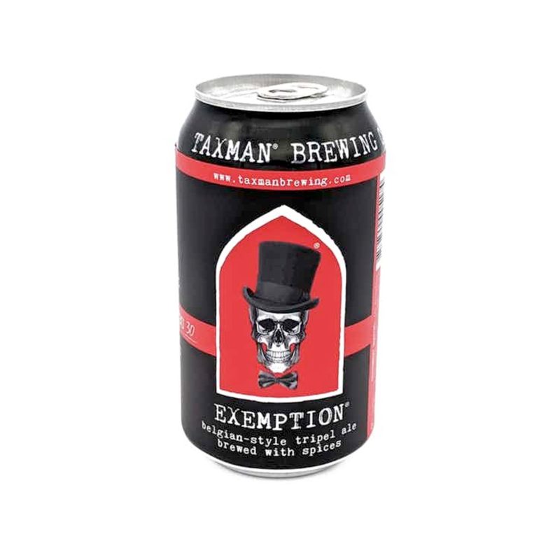 A can of Taxman Exemption Tripel Ale on white background.