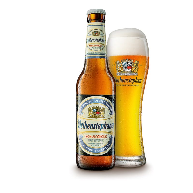 A bottle of Weihenstephaner Alcohol Free Beer and a glass containing the said beverage.
