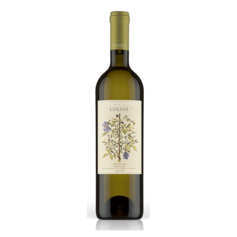 A bottle of Colosi Grillo Sicilia Wine in a white backdrop.