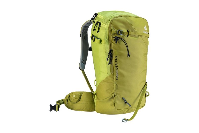 A yellow-green Deuter Freerider Pro ski backpack.