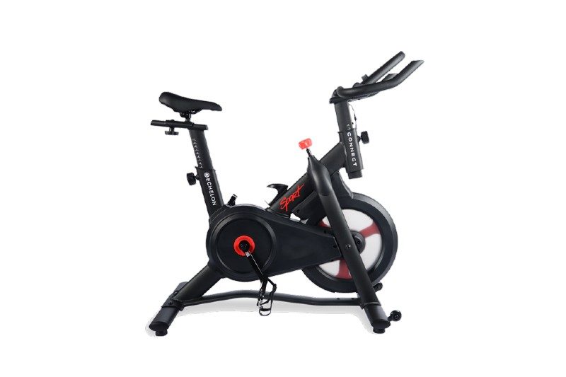 Black with red outline Echelon Connect Sport Exercise Bike on a white backdrop.