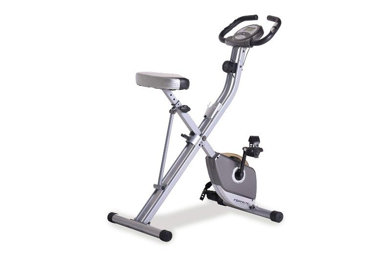 Silver Exerpeutic Folding Magnetic Upright Bike on a white backdrop.