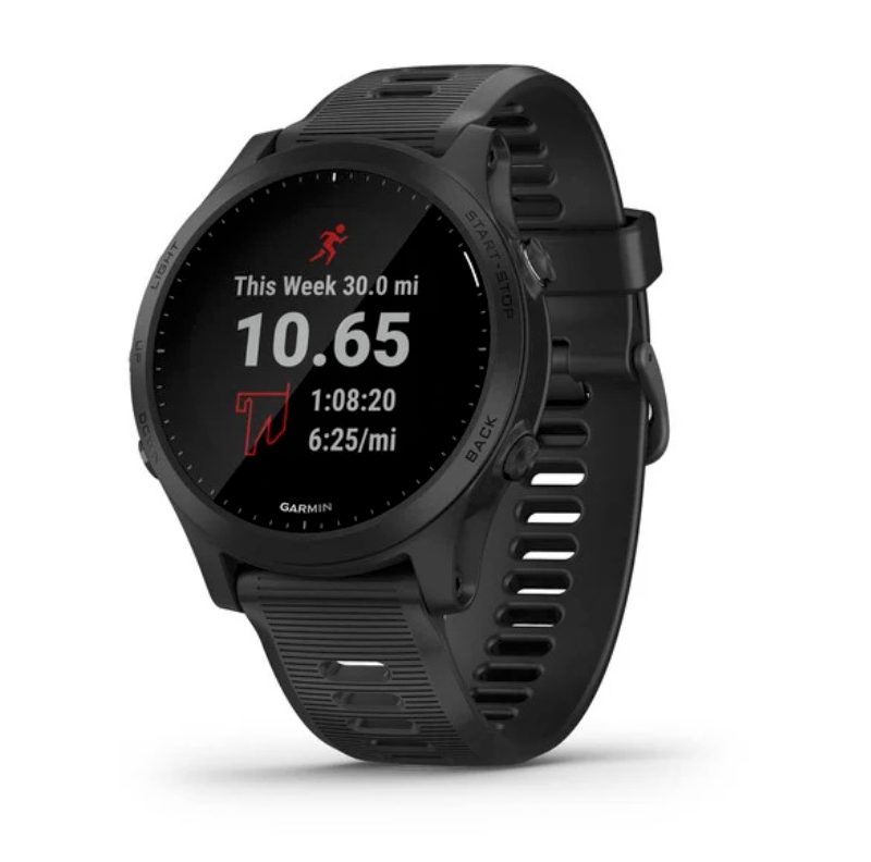 All black Garmin Forerunner 945 on a white backdrop.