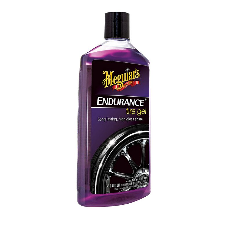 A bottle of Meguiar’s Endurance Tire Gel isolated on a plain white background.