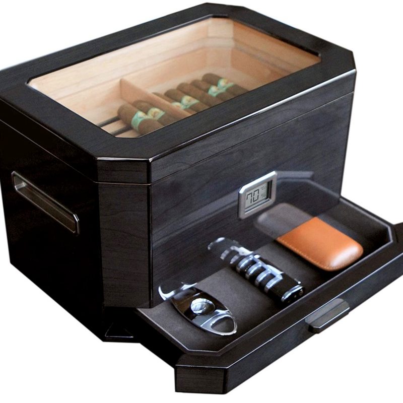 Octodor Black Piano Finish Glass Top Humidor on a white background