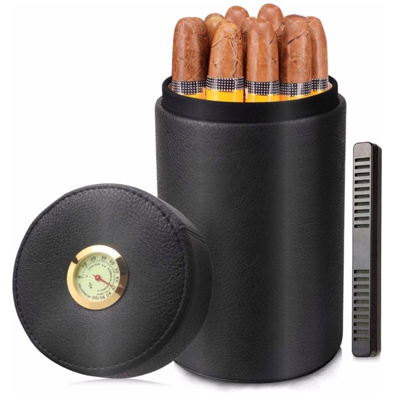 Circular Scotte Leather Portable Humidor filled with cigars