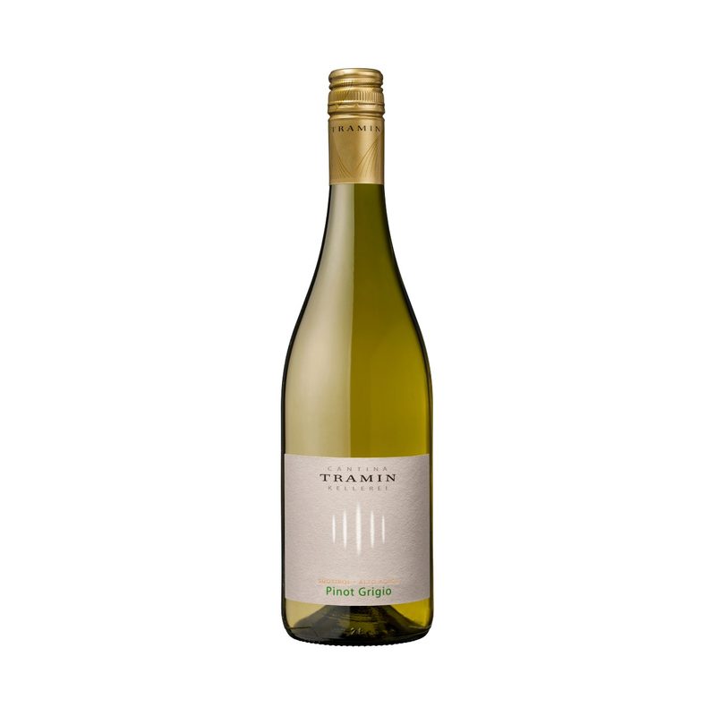 A bottle of Tramin Pinot Grigio in a white backdrop.