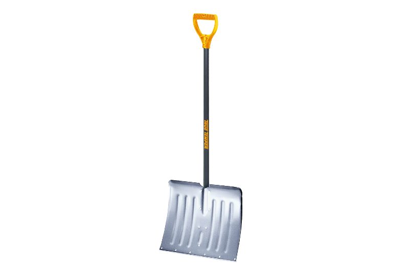 An upright Ames Aluminum Snow Shovel on white background.