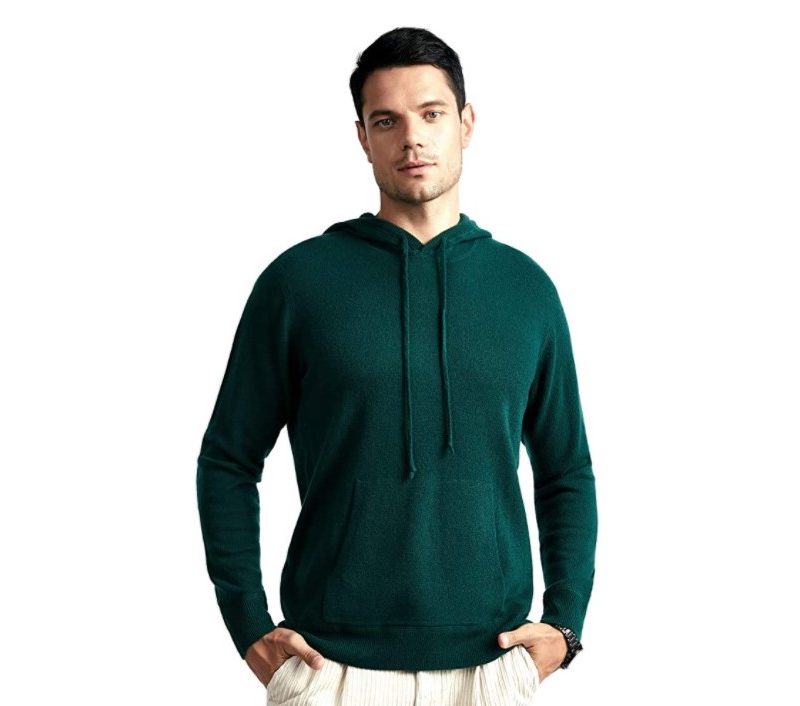 Beyond Fashion Pure Cashmere Sweater Pocket Hoodie Pullover in dark green.