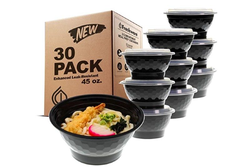 A Freshware Meal Prep Bowl Container with Japanese dish in front of Freshware bowl containers and packaging.