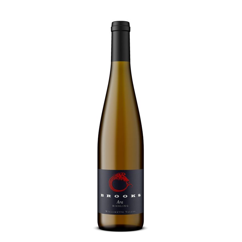 A bottle of Brooks Ara Riesling in a white backdrop.