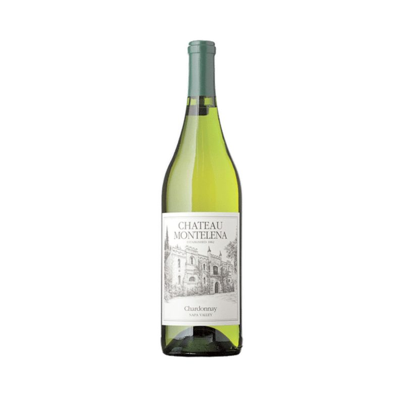 A bottle of Chateau Montelena Chardonnay in a white backdrop.