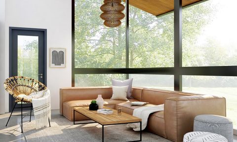 Living room example of global interior design style leather sofa