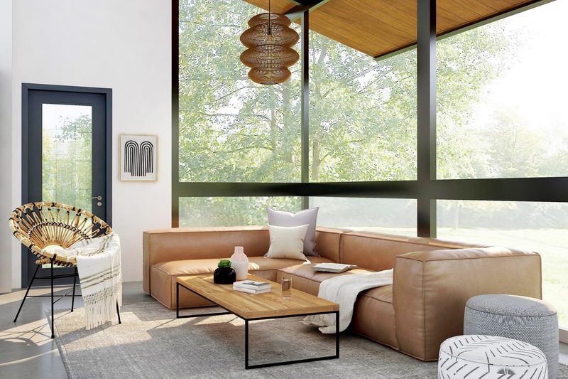 Living room example of global interior design style leather sofa