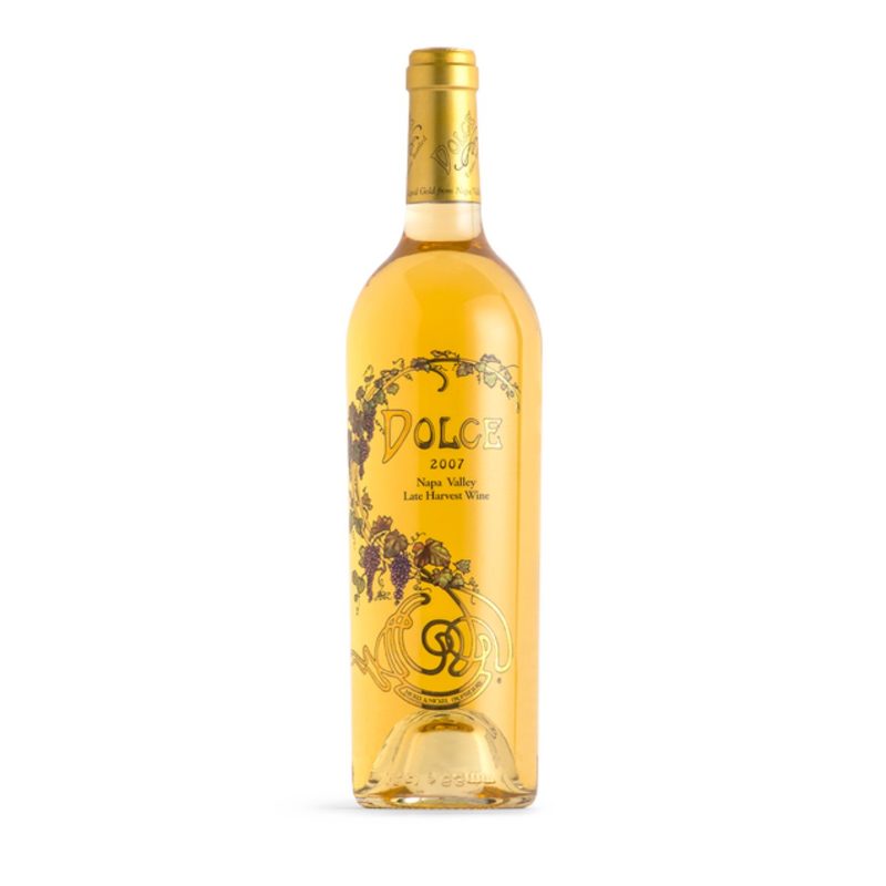 A bottle of Far Niente Dolce Dessert Wine on a white background.