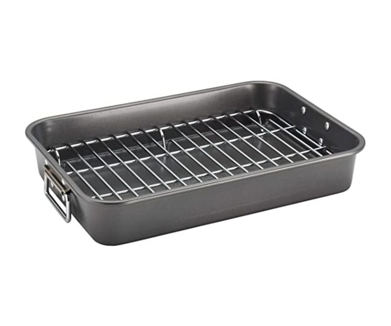 Product image of the Farberware Bakeware Nonstick Steel Roaster with Flat Rack.