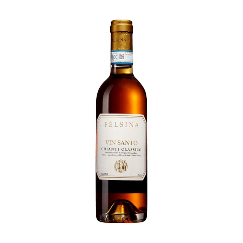 A bottle of Felsina Vin Santo on a white background.