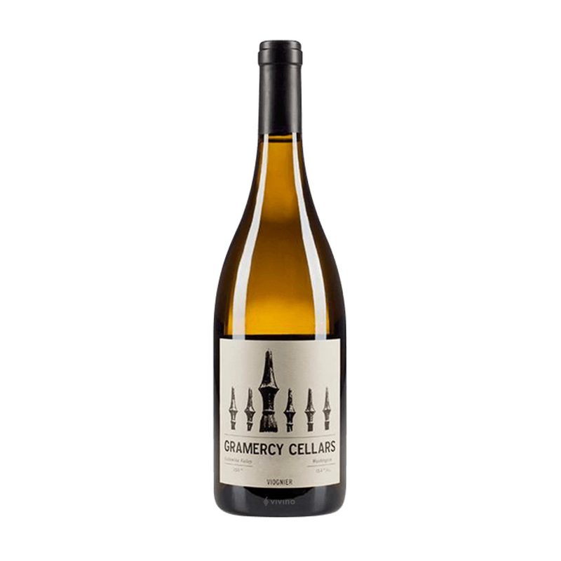 A bottle of Gramercy Cellars Viognier in a white backdrop.