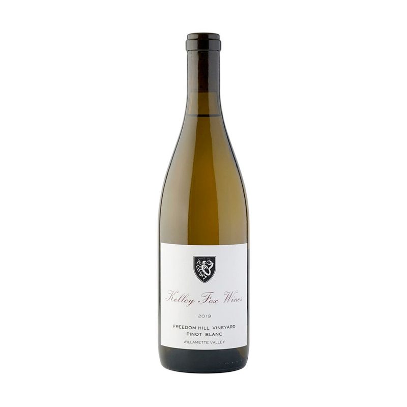 A bottle of Kelley Fox Freedom Hill Pinot Blanc in a white backdrop.