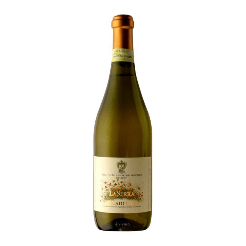 A bottle of Marchesi di Gresy La Serra Moscato d'Asti on a white background.