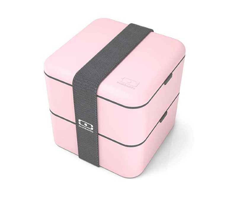 The monbento MB Square Bento Box features a stackable design in its baby pink color.