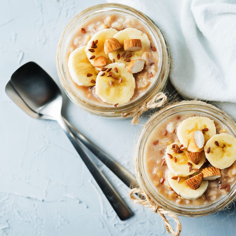 Banana flax seeds overnight oats with banana slices and almonds
