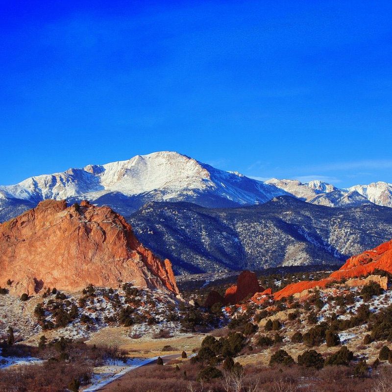 Pikes Peak and Garden of the Gods in Colorado Springs. Colorado.