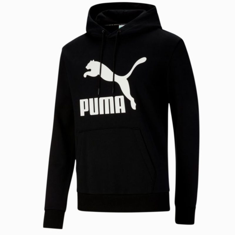 Black PUMA Classics Men's Logo Hoodie on a white backdrop.