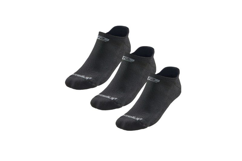 Three medium cushion no show sock in black. 