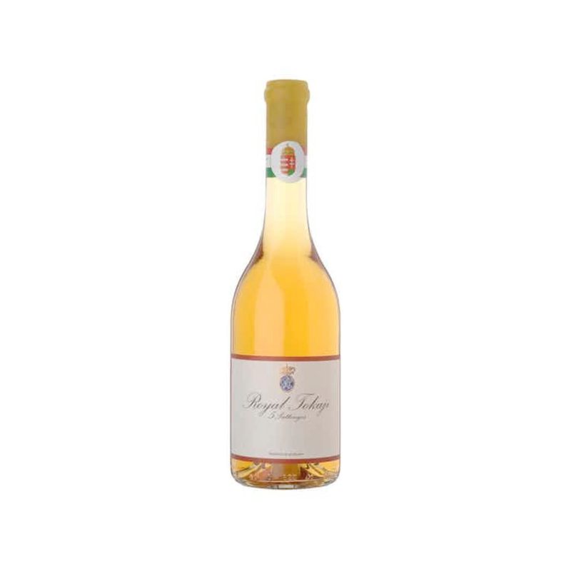 A bottle of Royal Tokaji 5 Puttonyos Wine on a white background.