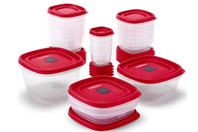 Red Rubbermaid storage containers on white background.