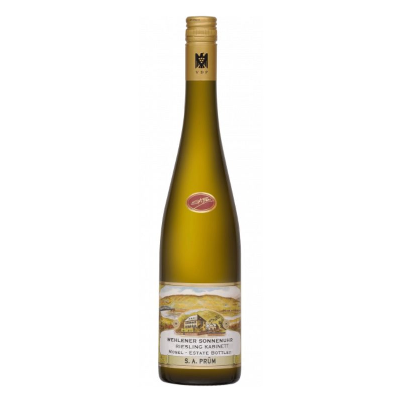 A bottle of S.A. Prum Riesling on a white background.