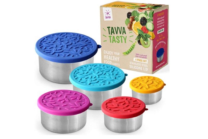 Tavva Stainless Steel Food Storage Containers in assorted colors beside their packaging.