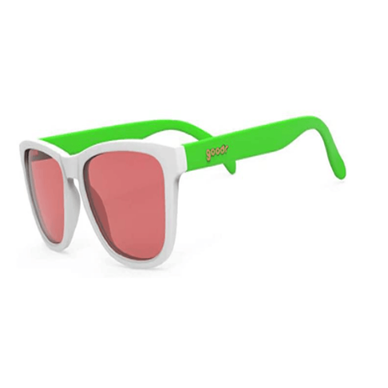 The OG sunglasses by goodr with white frames and lime green temple arms.