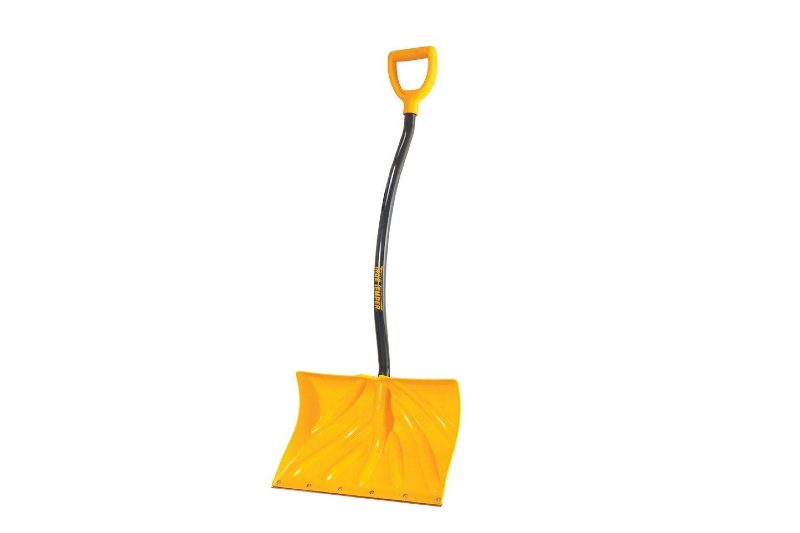 A yellow True Temper Ergonomic Snow Shovel.