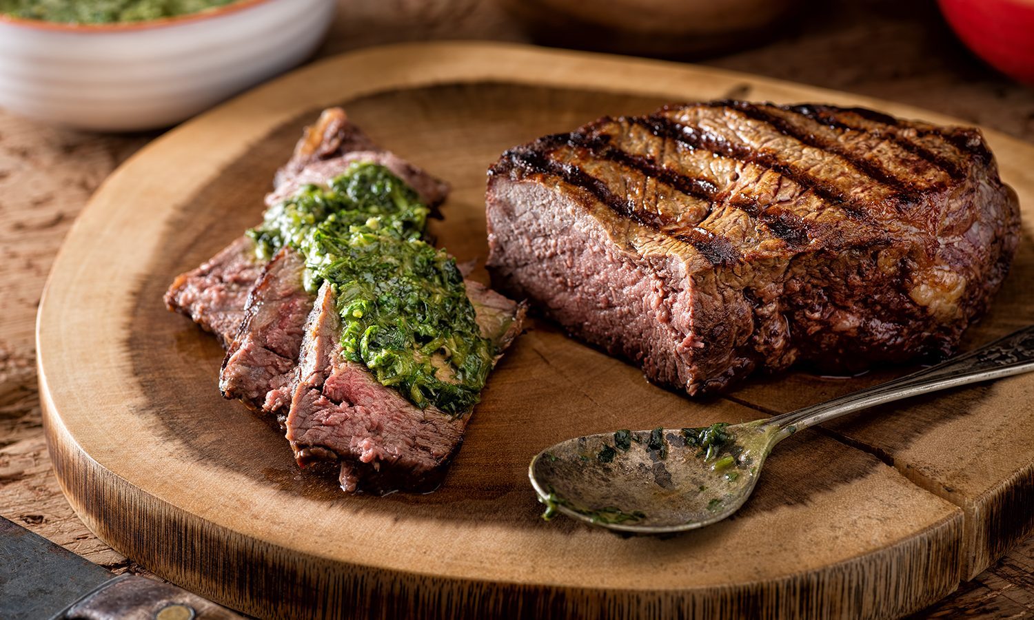 Chimichurri on sliced steak