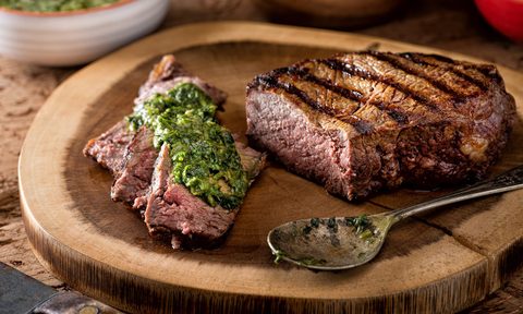 Chimichurri on sliced steak