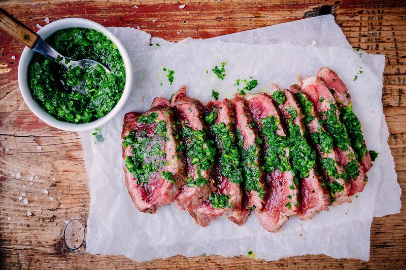 Chimichurris sauce with steak.