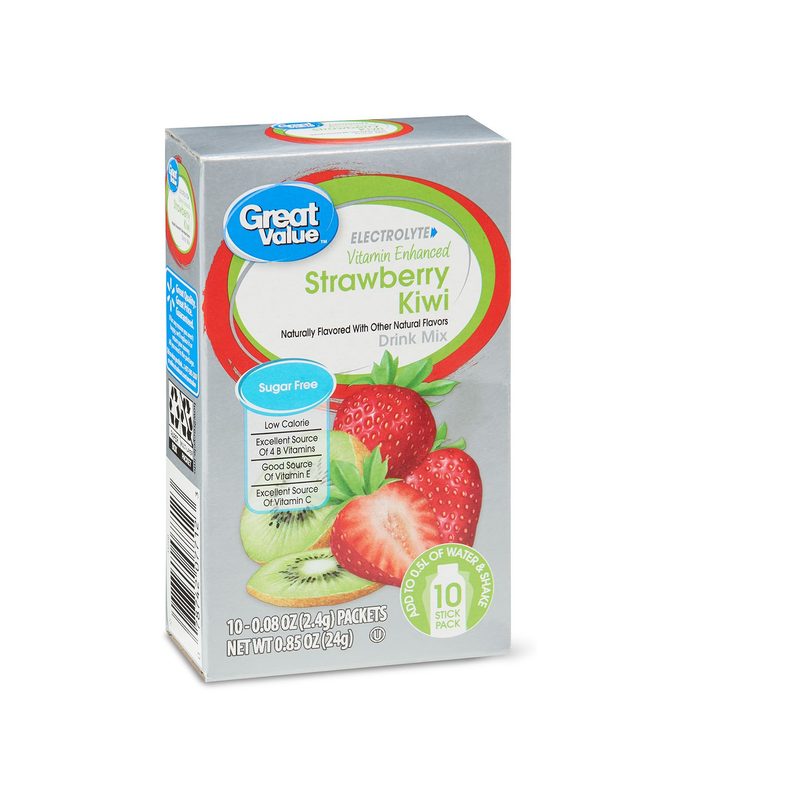 A box of Great Value Electrolyte Kiwi Drink Mix.