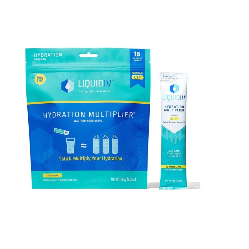 A large pack of Liquid I.V. Hydration Multiplier beside a tube of the same product.