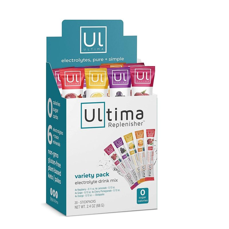 A box containing packs of Ultima Replenisher Electrolyte Hydration Powder.