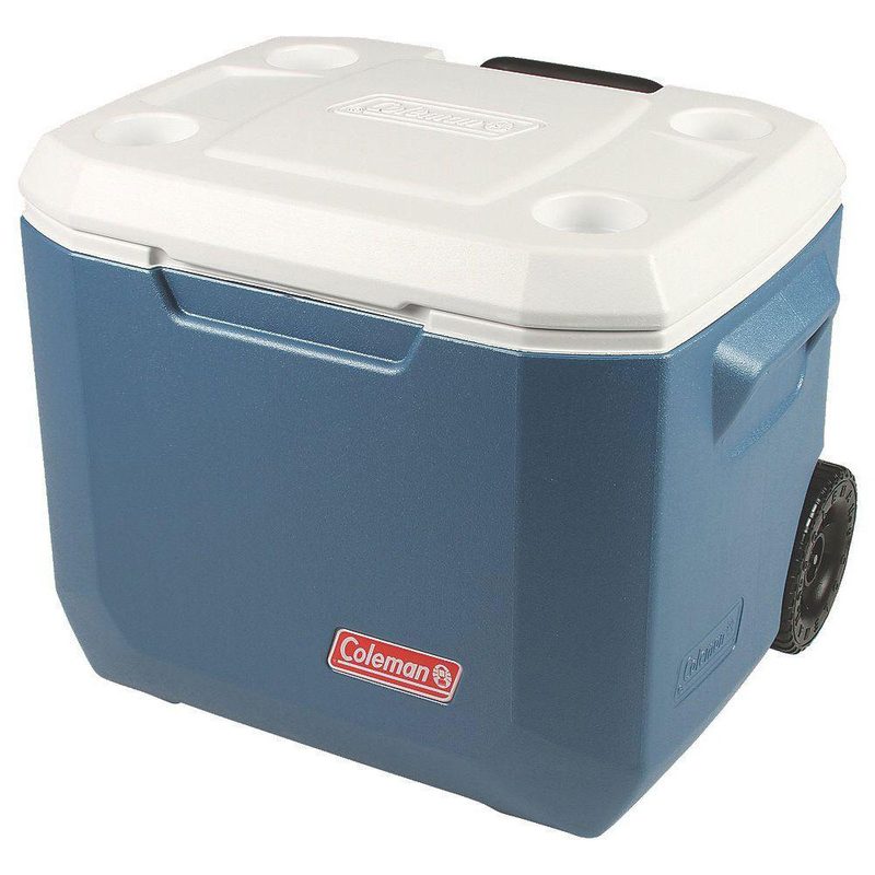 A blue Coleman Xtreme Wheeled Cooler on white background.