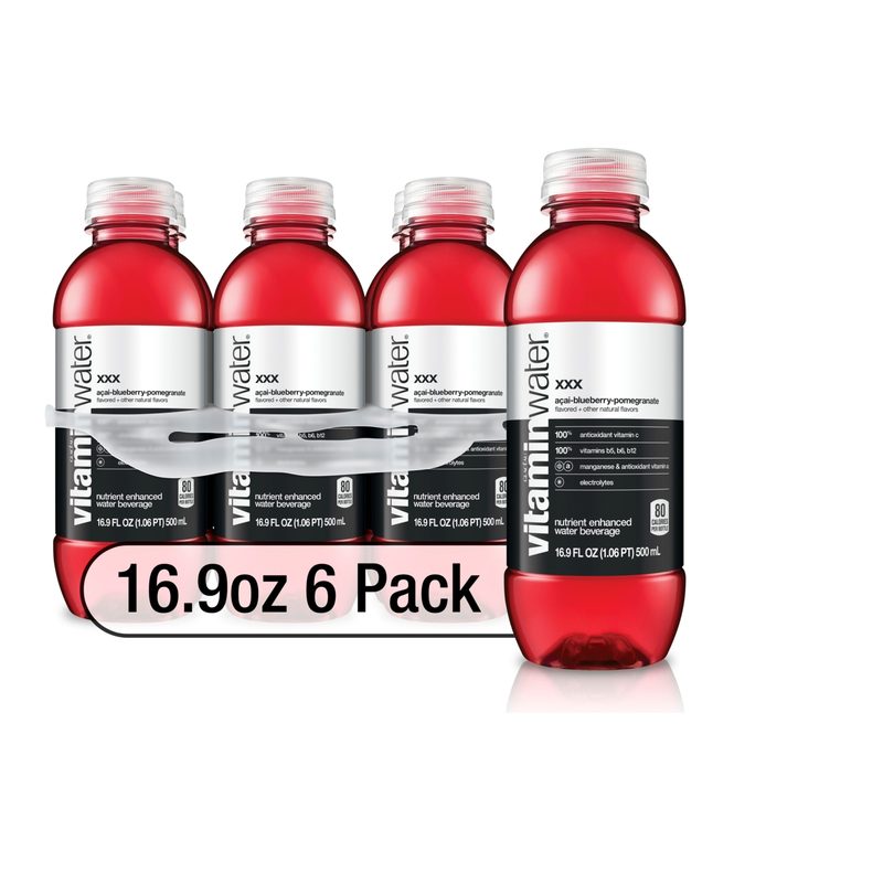 A six-pack Vitaminwater xxx on white background.